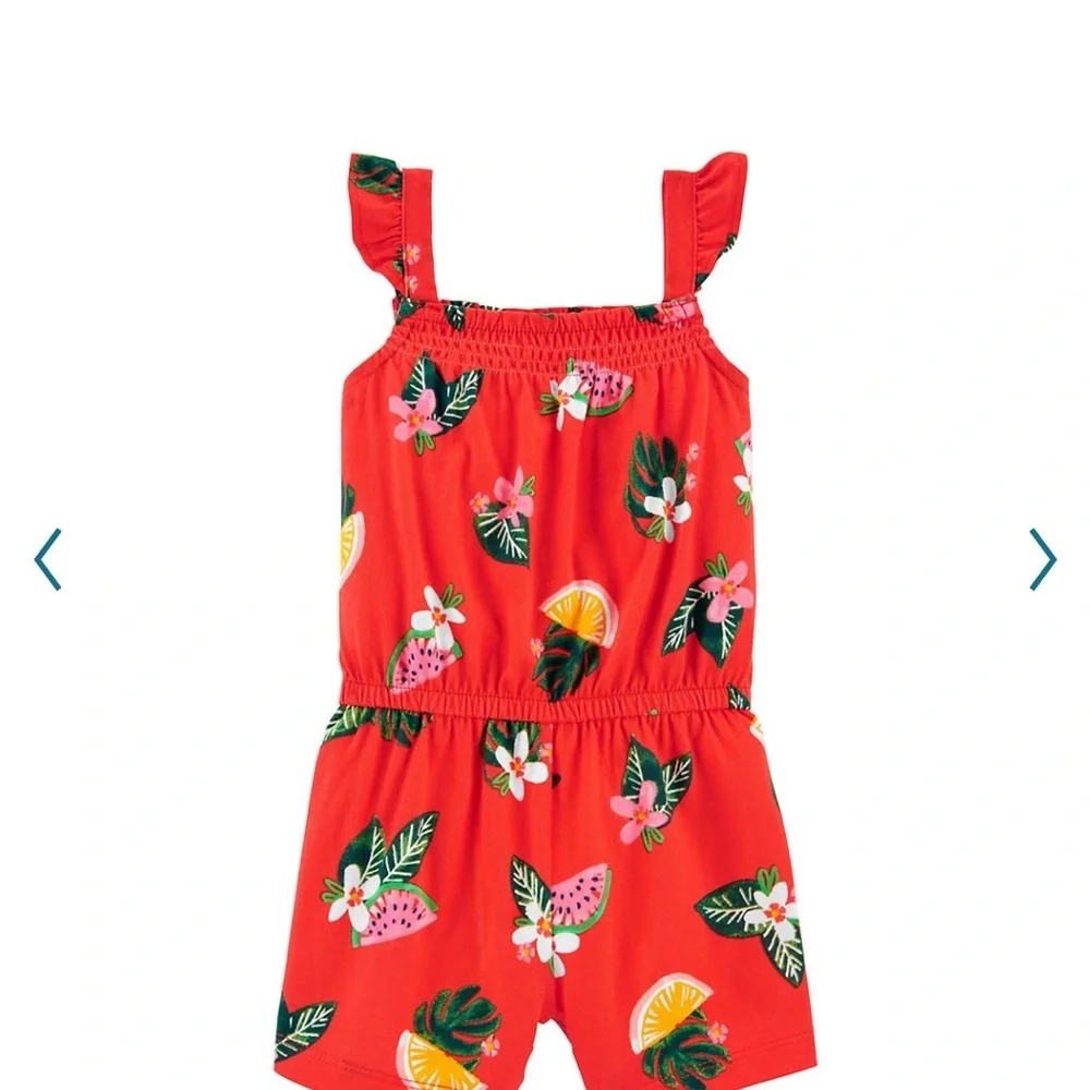 Carter's Red Tropical Print Kids Fruit Flutter Jersey Romper 24 months GUC
